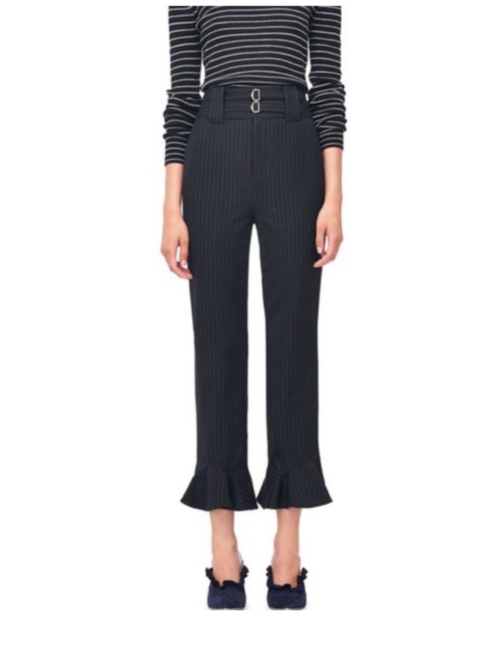 Rebecca Taylor Black Pinstripe
Ruffle Hem Wool Trousers Double
Buckle Waist 12 - Picture 6 of 8